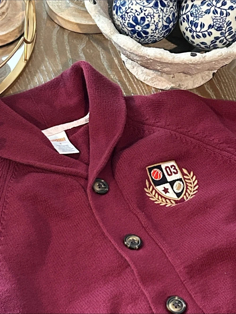 Gymboree Burgundy Button Up Cardigan Sweater Varsity Football Basketball Crest